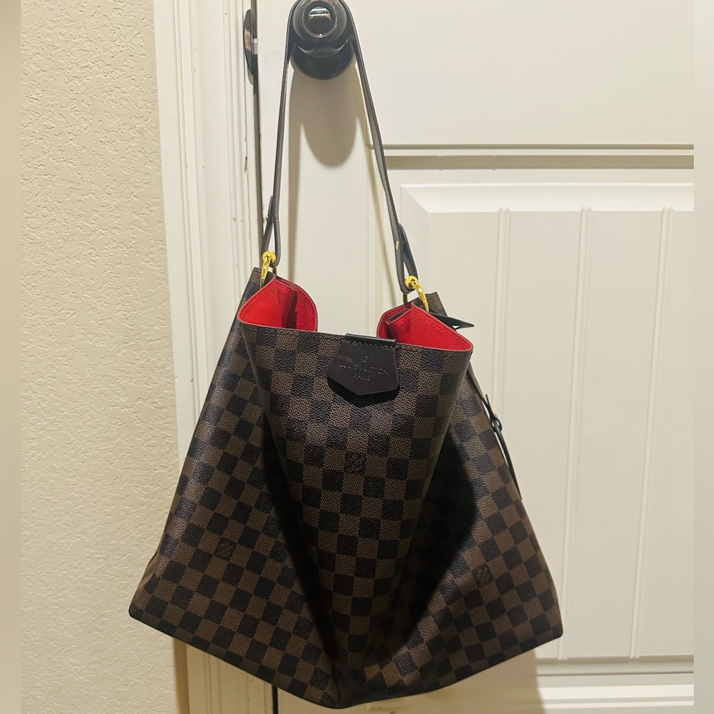 Brown Checkered Shoulder Bag with Red Interior